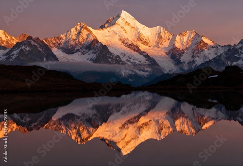 A stunning view of snow-capped mountains illuminated by sunrise, reflected in a calm lake, creating a serene and breathtaking landscape.