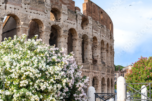 Close up view of the iconic Colosseum in Rome in June