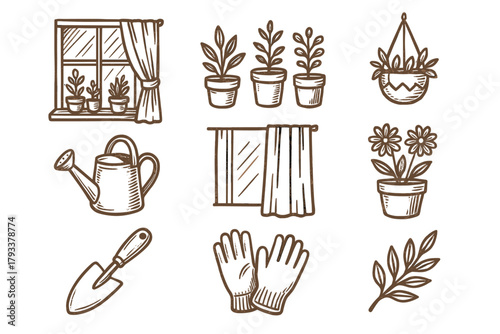 Trowel curtain sunbeam planter gloves can vector potted pot window garden icon