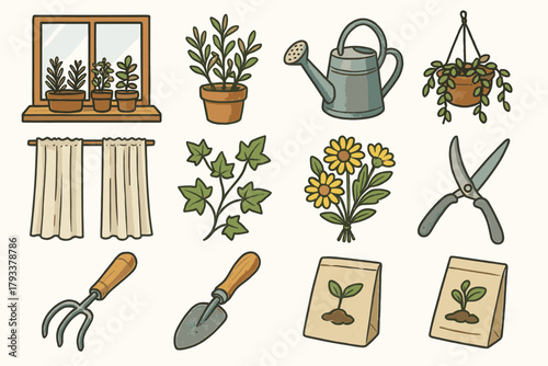 Potted watering vector icons icon garden pot herbs bright curtain window bouquet