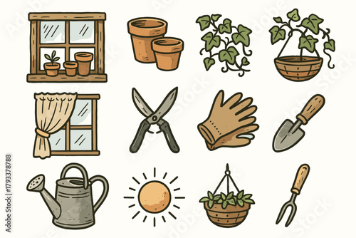 Curtain vector jug shears window icon terracotta watering pots shovel sunlight garden