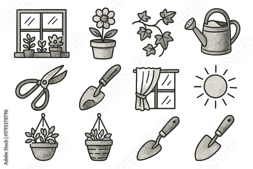 Vector can scoop icon shovel watering flower pruning basket window garden soil