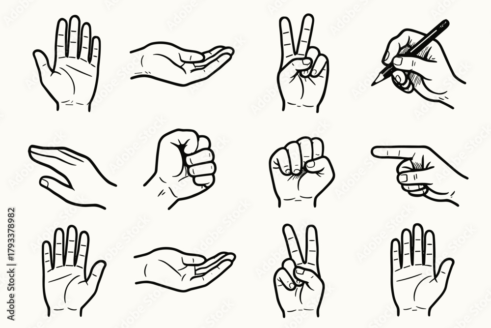 Fototapeta premium Open clenched vector bent holding peace gesture cupped pointing hand icon
