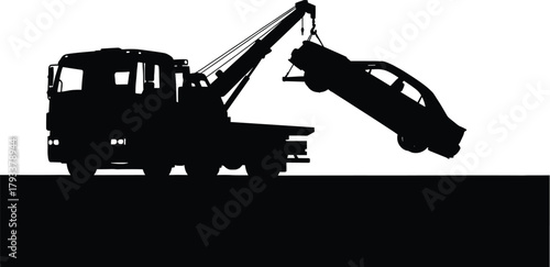 Black silhouette of tow truck lifting car vector, tow truck, car, lifting, silhouette, black, white, transport, vehicle, crane, hook, chain, mechanical, service, breakdown, accident, recovery, towing,