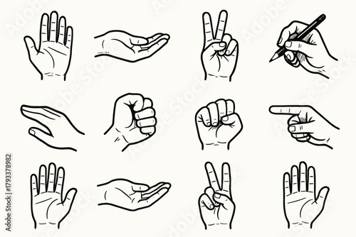 Open clenched vector bent holding peace gesture cupped pointing hand icon