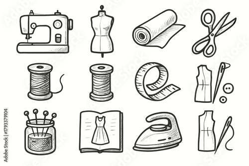 Pattern icons atelier sewing roll vector icon iron machine jar set home