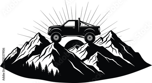 Black silhouette off road truck on mountain peak sunrise, off road truck, 4x4, mountain, peak, sunrise, sunset, sun rays, silhouette, black and white, adventure, travel, exploration, nature, wildernes