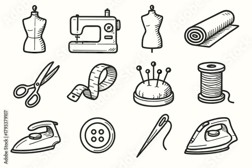 Dress atelier scissors home fabric roll thread spool cushion icons vector machine