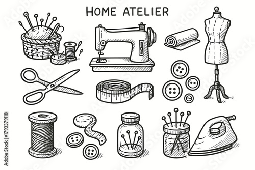 Iron machine thread roll icons mannequin icon measuring sewing scissors vector essentials