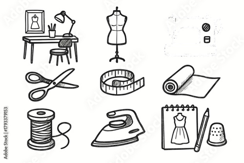 Thimble icon atelier spool machine icons sewing home scissors workspace vector mannequin