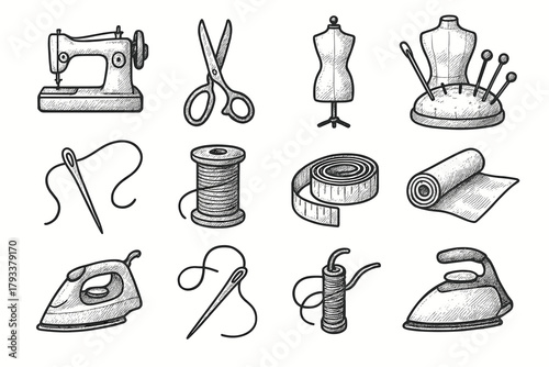 Icon mannequin vector home atelier scissors fabric tools sewing thread roll icons