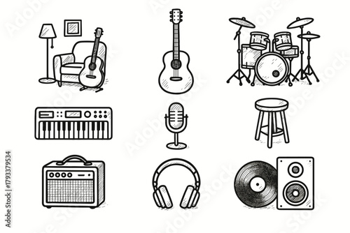 Sound cozy vinyl icons icon vector stool microphone area amplifier headphones music