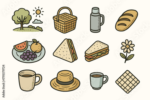 Calm bread picnic plate cup vector loaf napkin thermos sandwich set icon