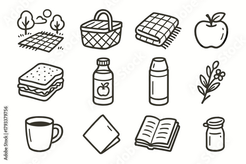 Book vector picnic outdoor flower bottle collection blanket juice setting icon sandwich