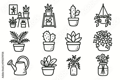 Watering setup planter plant flower pots vector fern ceramic icon modern