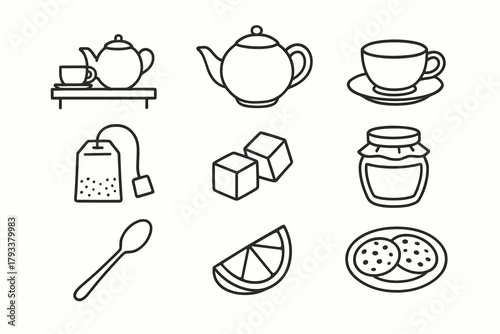 Plate cup cubes set vector setup icon sugar teapot minimalist tea