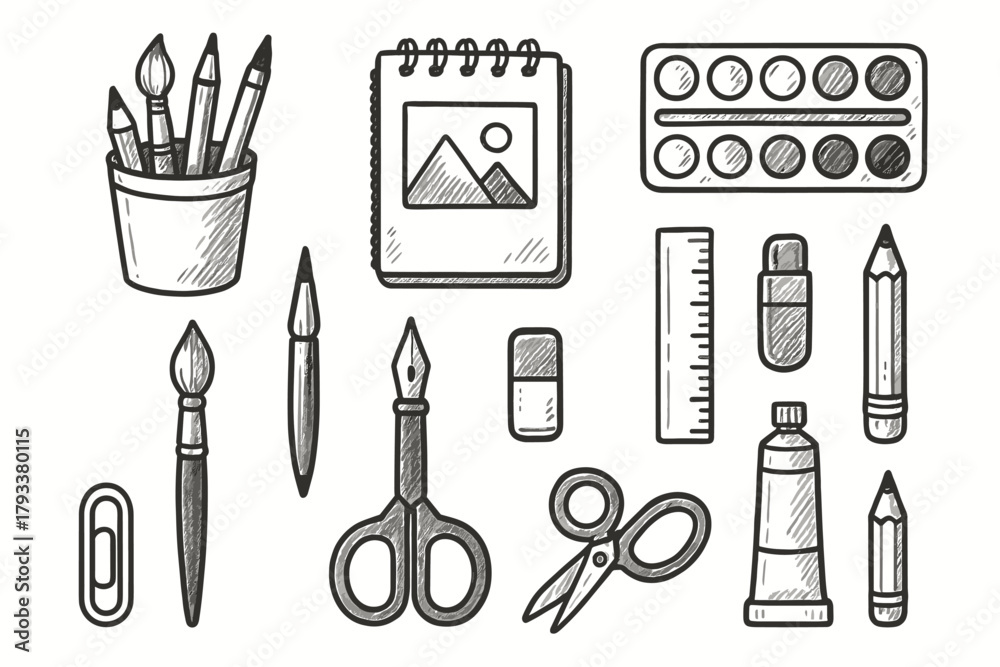 Obraz premium Scissors eraser supplies art pen pencil ruler tube icons sketchbook brush icon
