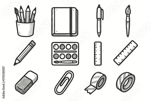 Supply paperclip eraser set tools art sketch icons vector ruler pen icon