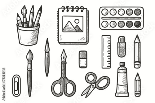 Scissors eraser supplies art pen pencil ruler tube icons sketchbook brush icon