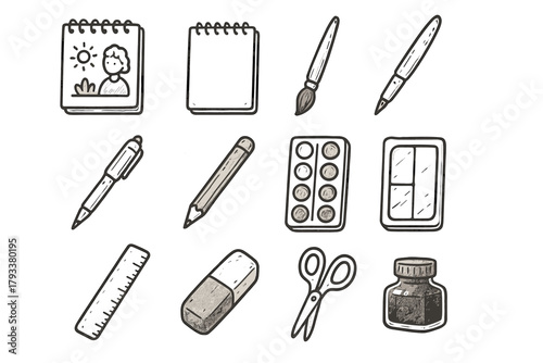 Icon drawing sketch vector supplies creative art tape ruler pen watercolor eraser