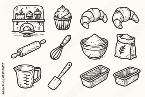 Whisk bag bowl set loaf rolling spatula pan bakery icon vector flour