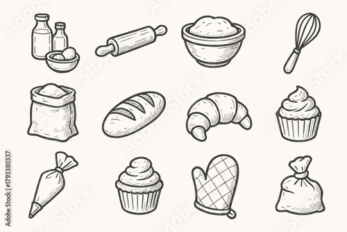 Icons icon essentials vector bag cupcake pin icing oven bread rolling bakery