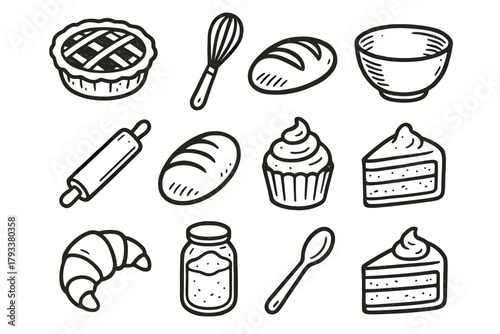 Bakery mixing icon bowl collection pin whisk vector croissant sweets loaf jar