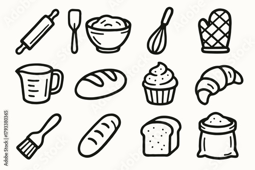 Mitt flour vector croissant dough bag bakery icon collection brush bread measuring