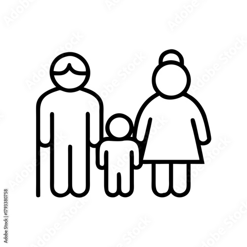 Grandparents with grandchildren standing together in simple line art  