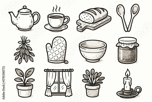 Icon cozy hanging teapot mitt herbs vector bread kitchen candle ceramic icons