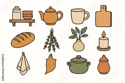 Vector kitchen ceramic cozy plant candle icon icons board mug vase coffee