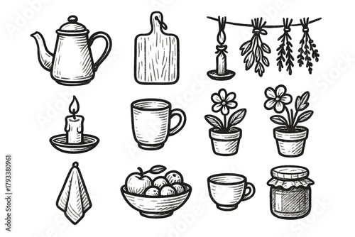 Cozy hanging cup vector pot decor icons kitchen icon flower breadboard jam