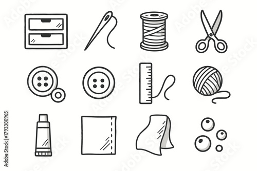 Thread buttons scissors icon vector craft piece beads glue ruler needle set