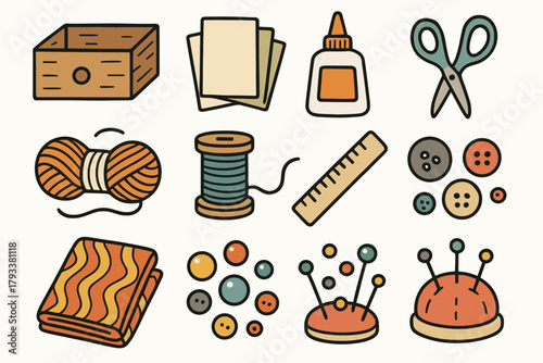 Creative vector tools icon glue craft ruler cushion materials buttons yarn beads