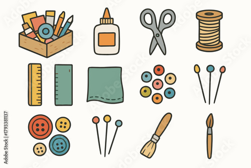 Glue spool pins icons vector bottle craft fabric icon thread materials supplies