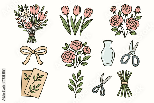 Paper floral icon tulips vector branch set scissors vase tied stems
