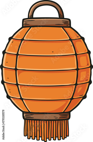 Orange paper lantern with hanging tassels and wooden frame vector illustration for festive decoration and cultural celebration 