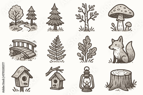 Forest birch mushroom icon vector icons birdhouse lantern pine fox bridge woodland