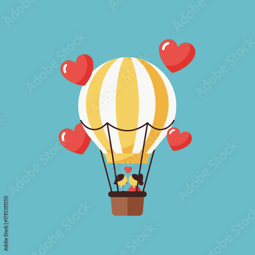 Hot air balloon with two people inside surrounded by four red hearts.