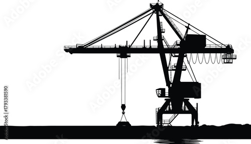 Silhouette of a large industrial crane lifting a load, crane, silhouette, industrial, heavy machinery, lifting, load, cargo, port, harbor, dock, shipping, logistics, construction, engineering, machine