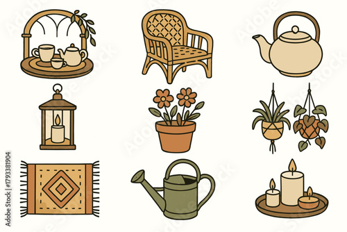 Vector wicker icons teapot potted candle watering icon garden porch tea rug