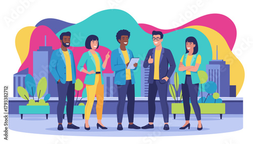 Diverse business professionals standing in a colorful cityscape symbolizing success and strong collaboration