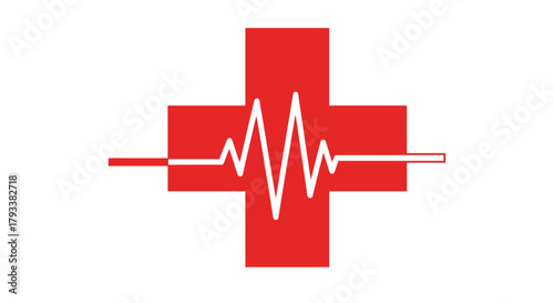Vibrant red cross with pulsing electrocardiogram line symbolizing health, medicine, and emergency care