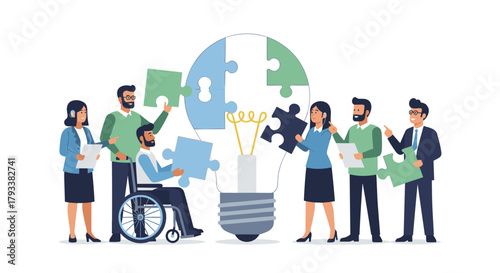 Diverse team collaborates on innovative idea, assembling a bright lightbulb puzzle for business success.