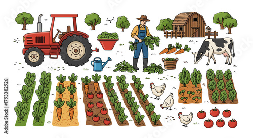 Vibrant farm scene with farmer tending crops tractor and barn showcases agricultural bounty