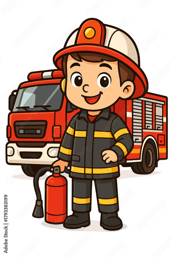 Fototapeta premium Brave young firefighter proudly stands with fire truck and extinguisher, ready for action and adventure