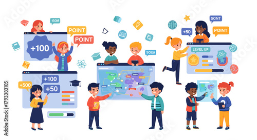 Children engaging with interactive digital learning games and educational technology in a vibrant classroom setting