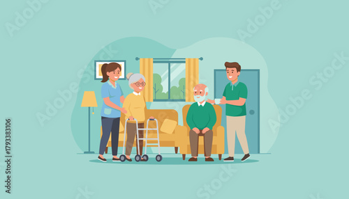 Home care support nurse and man assist elderly couple with walker in comfortable living room