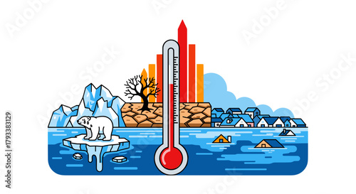 Urgent climate change impact with melting ice, flooded cities, and rising temperatures depicted