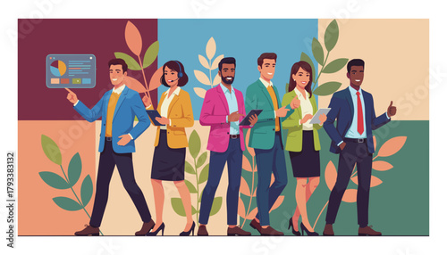 Diverse team of professional experts collaborating on business success Modern vector illustration